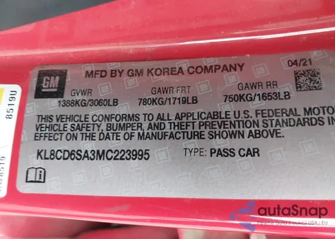 2021 Chevrolet Spark Fwd 1Lt Automatic z USA, uszkodzony, nr VIN KL8CD6SA3MC223995